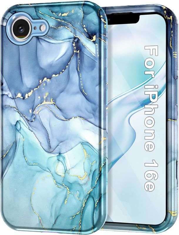 Photo 1 of Btscase for iPhone 16e Case (2025),[Military Grade Drop Tested] Marble Pattern Design Slim Rugged Shockproof Women Girls Men Protective Anti-Scratch Cover for iPhone 16e, Blue Cyan
