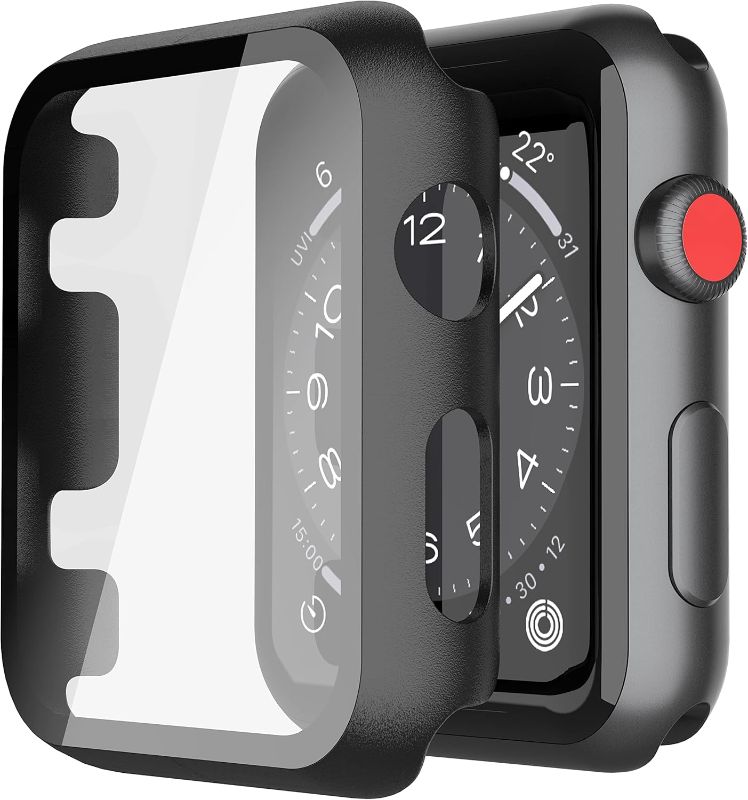 Photo 1 of Misxi 2 Pack Hard PC Case with Tempered Glass Screen Protector Compatible with Apple Watch Series 3 and 2, 42mm, Ultra-Thin Scratch Resistant Overall Protective Cover for iWatch S3/S2, Black
