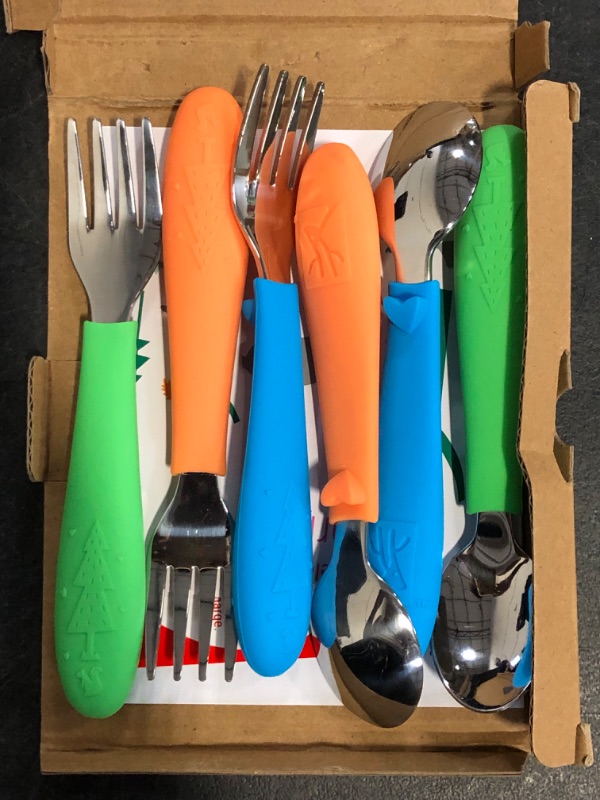 Photo 1 of Elk and Friends Kids Silverware with Silicone Handle | Childrens Safe Flatware | Toddler Utensils | Baby Spoons + Forks | Stainless Steel Cutlery
