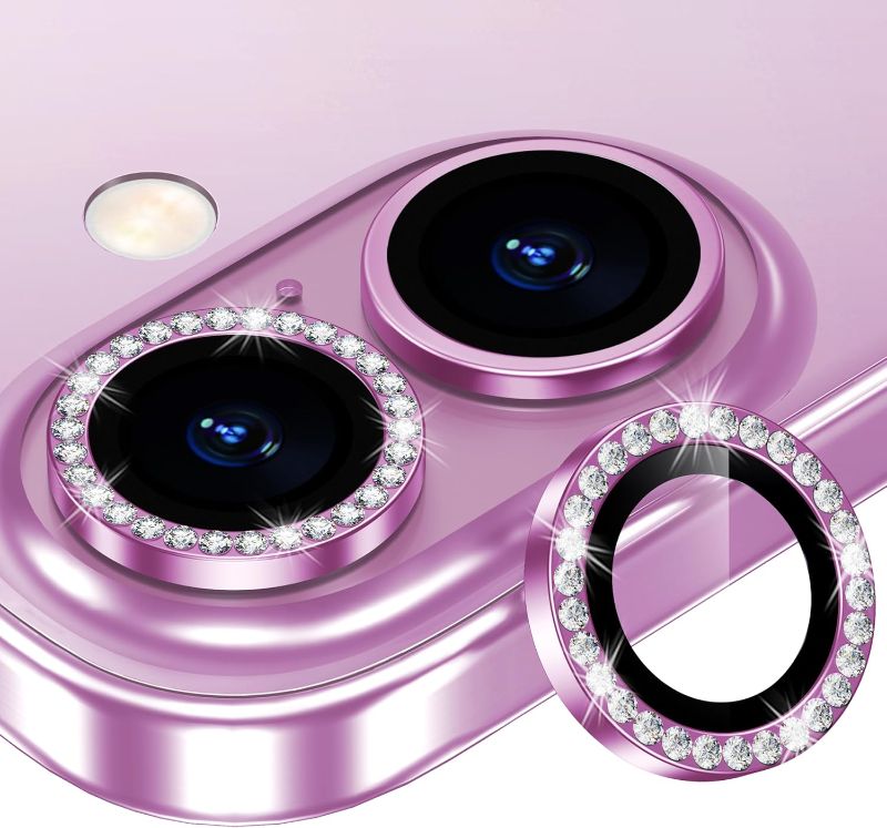 Photo 1 of Xfilm for iPhone 16/16 Plus Camera Lens Protector Bling Individual Metal Diamond Ring 9H Hardness Scratchproof Protector, Stylish Phone Accessories, Case Friendly (Pink Diamond)
