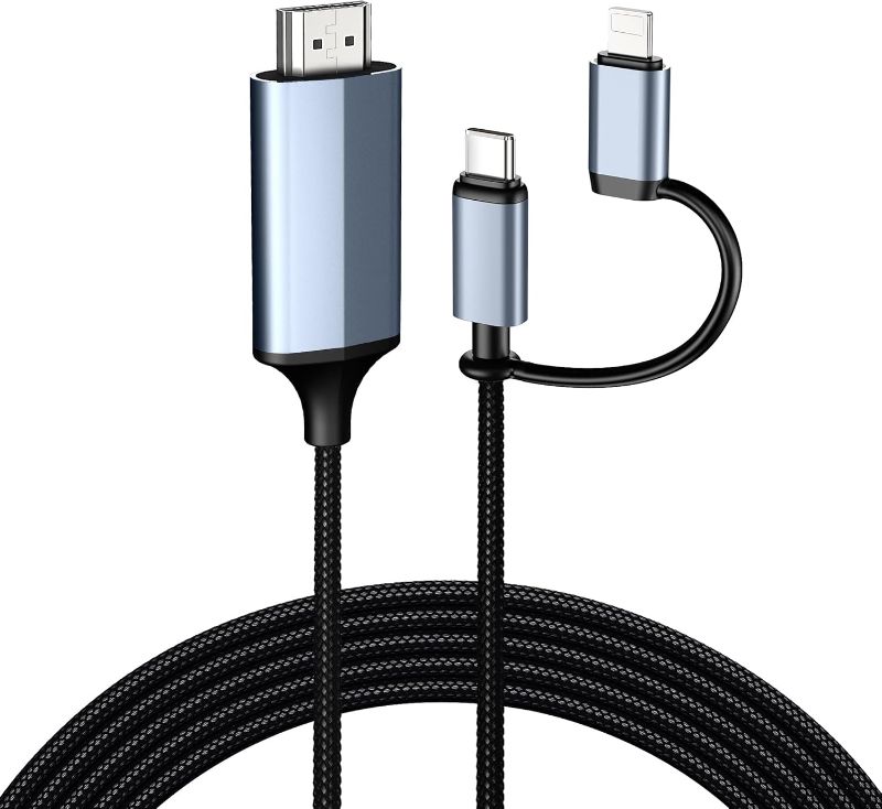 Photo 1 of 2-in-1 Lightning & Type C to HDMI Cable [6FT], HDMI Cable for iPhone, Dual Interface for All iPhones (16/15/14/Pro/Max) & iPad Pro/Air, Sync Video and Sound (Not for Laptops or Android phones)
