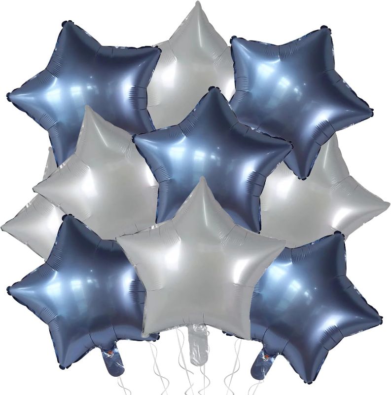 Photo 1 of Metallic Blue and Silver Star Foil Balloons, 10 Pcs 18 Inch Stars Shape Foil Mylar Balloons for Birthdays, Weddings, Baby Showers Graduation Decorations
