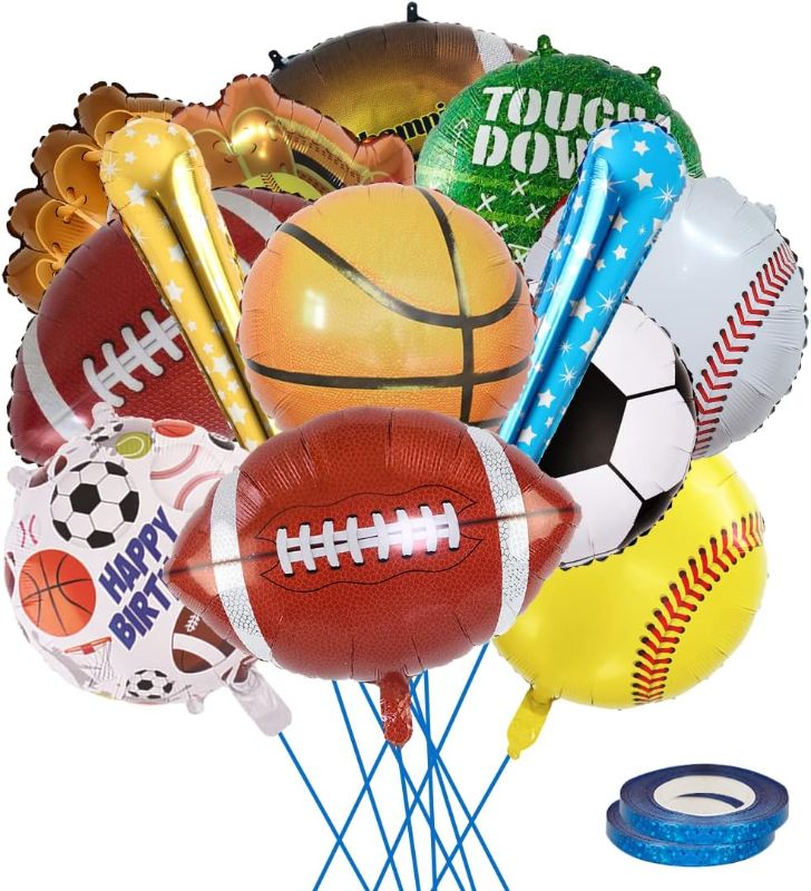 Photo 1 of 14 Pieces Sports Foil Balloon Set, 18 Inch Sports Theme Birthday Party Supplies Decorations, Football, Basketball, Baseball, Golf and Soccer Foil Balloon for Ball Fans Club, Home Decor
