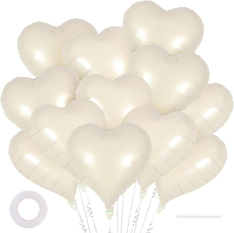 Photo 1 of 12 Pcs Cream Heart Balloons,18 Inch Cream White Heart Shape Foil Balloons Love Balloon Valentine Balloon for Birthday Party Wedding Engagement Party Baby Shower Valentine Day Decorations (cream)
