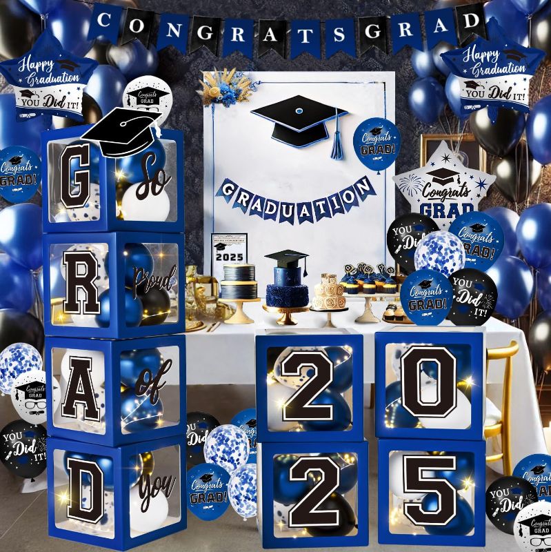 Photo 1 of Graduation Decorations Class of 2025 - Blue Graduation Decorations - Balloons Boxes with Letters 2025 GRAD So Proud of You, Congrats Grad Party Decorations for Any Grades
