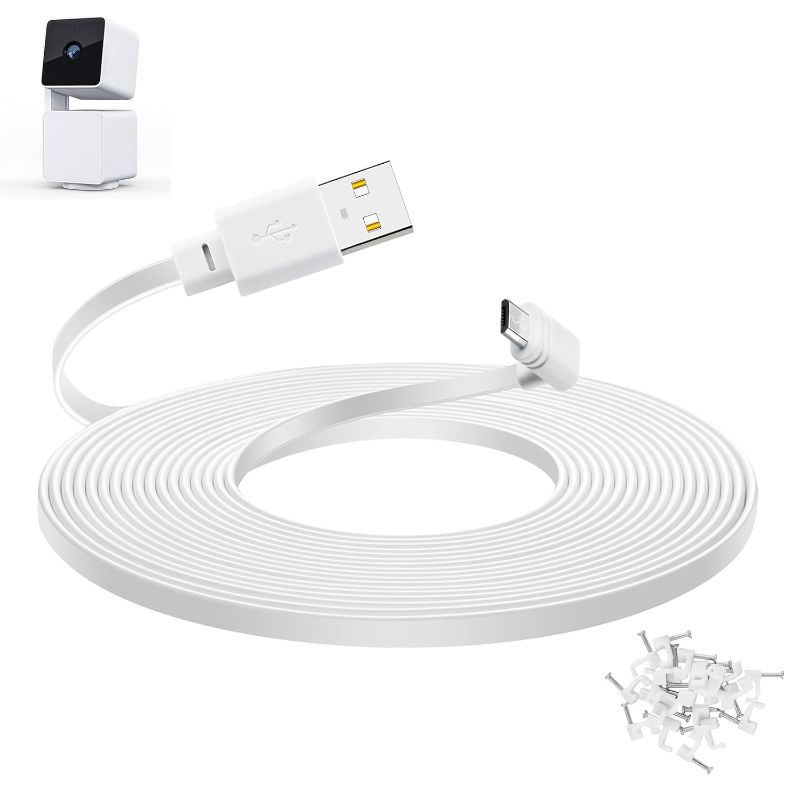 Photo 1 of Smays 20 ft Cable for WYZE Cam Pan v3 Camera, Flat Micro USB Extension Power Cord, 90 Degree White