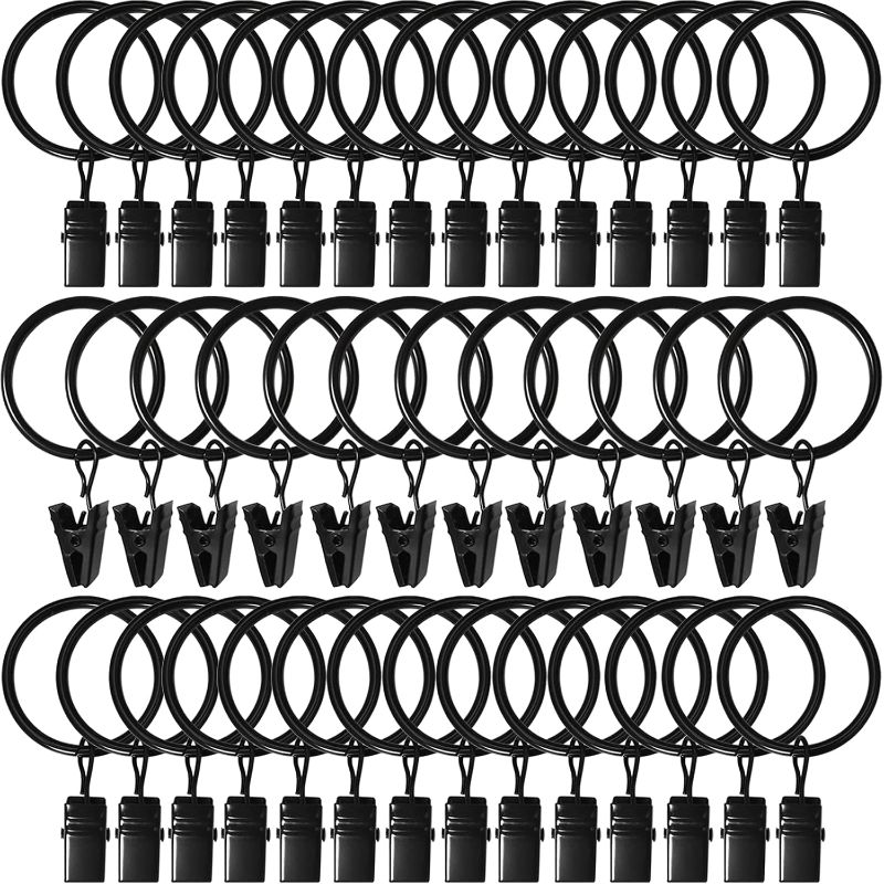 Photo 1 of Curtain Rings with Clips, Drapery Clips with Rings, Drapes Rings 1.26 in Interior Diameter, Fits up to 1 in Curtain Rod, Black