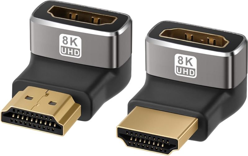 Photo 1 of 8K 90 Degree HDMI 2.1 Adapter 2 Pack, (Up and Down) Right Angle HDMI Male to Female HDMI L-Shaped Connector Extender Support 8K@60Hz,4K@120Hz for Google Chrome Cast, Roku Stick, Wall TV, Laptop and PC
