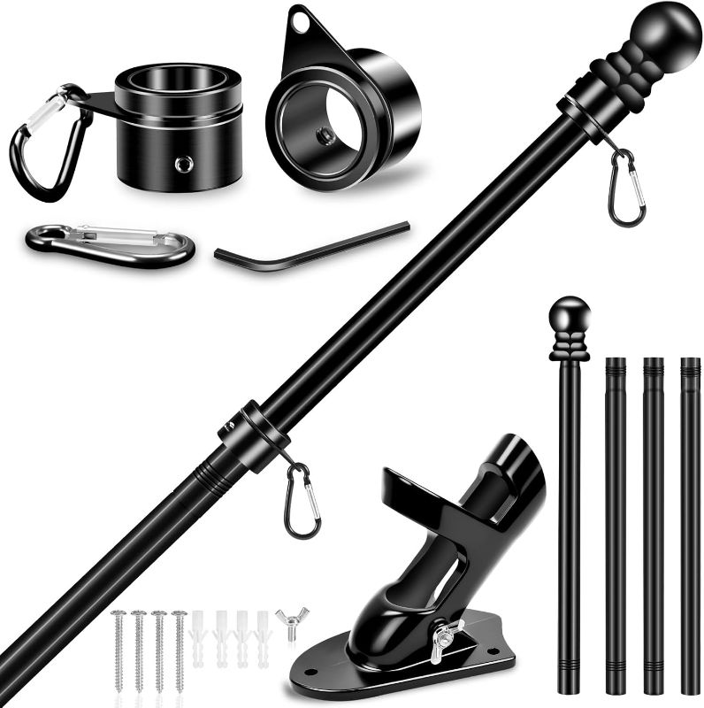 Photo 1 of 5 FT House Flag Pole Kit, 1" Spinning Thicken Stainless Steel Metal Flagpoles for Outside House Porch Post Wall Mount with 2-Position Flagpole Holder Bracket & 360° Flag Ring for 3x5 Flag(5 FT, Black)
