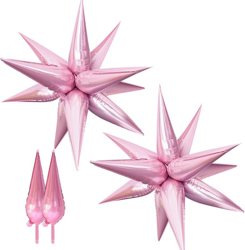 Photo 1 of 2pcs Light Pink 40'' large Explosion Star Aluminum Foil Balloons Starburst Cone Mylar Balloons Light Pink Spike Point Star Balloons for Birthday Party Wedding Baby Shower Photo Backdrop Decoration
