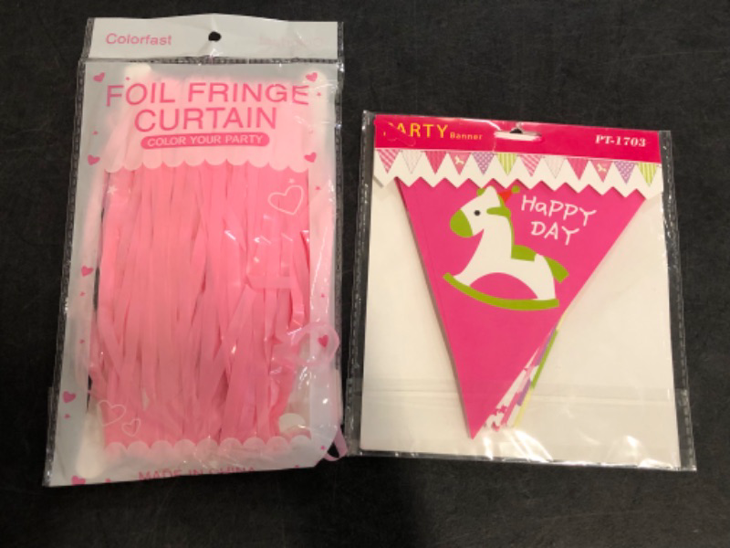 Photo 1 of Pink Unicorn Party Decor,Unicorn Birthday Banner with Pink Foil Fringe Curtain 
