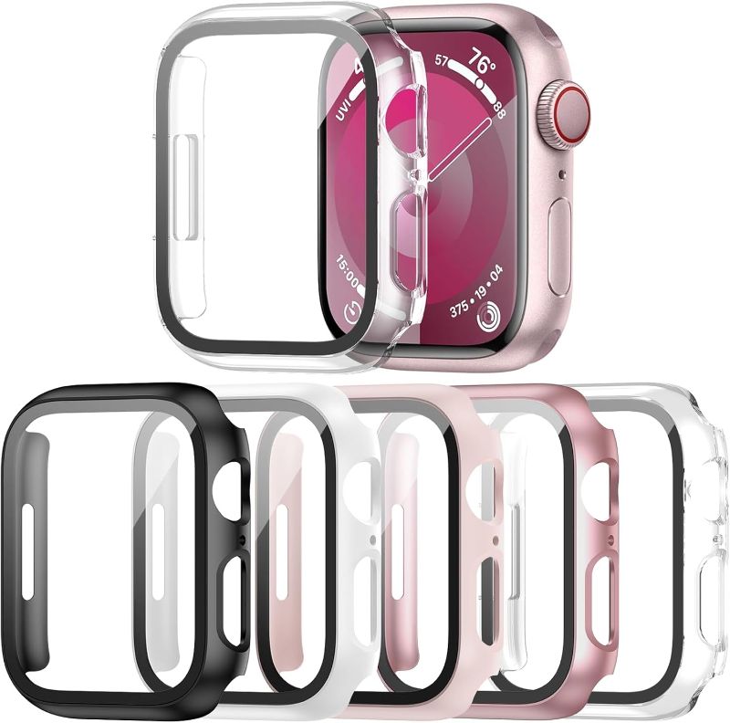 Photo 1 of Haojavo 5 Pack Case with Tempered Glass Screen Protector for Apple Watch Series 9 8 7 41mm, PC Hard Ultra-Thin Slim Fit Scratch Resistant Bumper Protective Cover for iWatch S9 S8 S7 41mm Accessories
