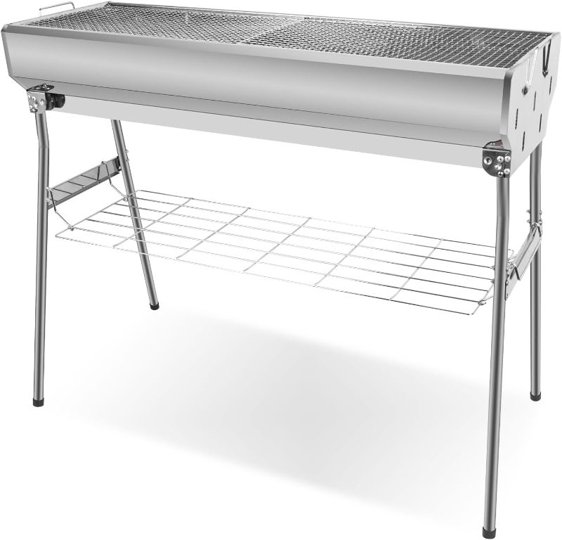 Photo 1 of Portable Charcoal Grill, Foldable Stainless Steel Grill with Storage Shelf and non-slip feet - ideal for outdoor Kabob cooking, picnics and camping (lager)
