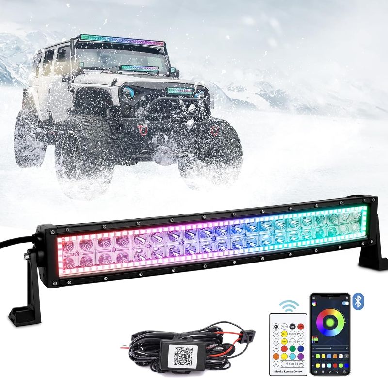 Photo 1 of Nicoko 20/22 Inch 120w Curved Led Light Bar with Chasing RGB Halo Ring for 16 Millon Color Changing with Strobe Flashing Spot Flood Combo Beam IP68 Waterproof Free Wiring Harness for Off Road Truck
