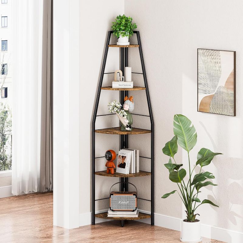 Photo 1 of Rustic Tall Corner Ladder Shelf Stand, 5 Tier Industrial Corner Bookshelf, Narrow Large Standing Shelf, Display Wooden Shelving Unit Shelf for Living Room, Bedroom, Office (Rustic Brown)
