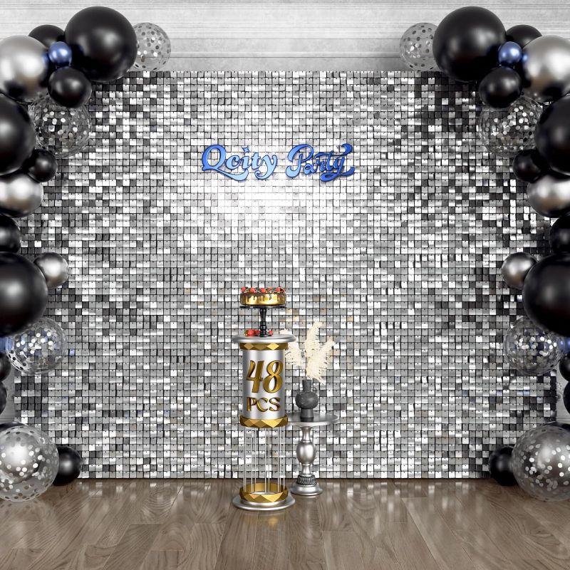 Photo 1 of Qcity Silver Shimmer Wall Backdrop 48PCS, Black Back Not See-Through Design, Square Sequin Glitter Backdrop Panel, Perfect for Outdoor Events, Birthdays, Wedding and Party Decoration
