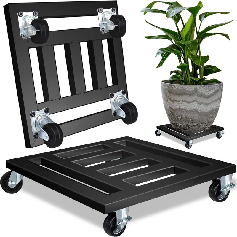 Photo 1 of Heavy Duty Plant Caddy with Wheels, 16'' Metal Rolling Plant Stand Indoor Outdoor, 2 pcs Square Plant Dolly with Lockable Caster Wheels Holds up 400 Lbs Planter (Black)
