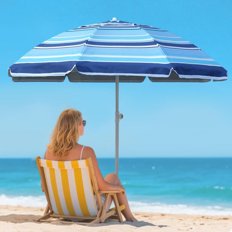 Photo 1 of 7ft Heavy Duty High Wind Beach Umbrella Parasols with sand anchor & Tilt Sun Shelter, UV 50+ Protection Outdoor Sunshade Umbrellas Carry Bag for Patio Garden Pool Backyard Stripe Blue insert completely into the sand
