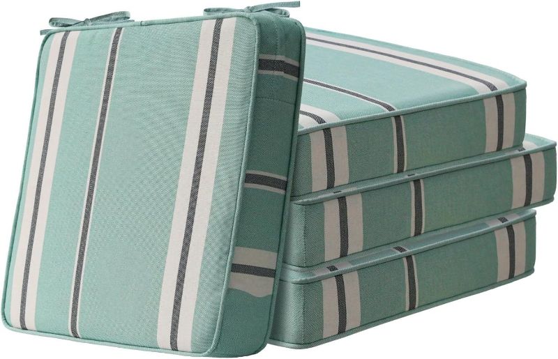 Photo 1 of Square Corner Seat Cushions, 19" x 19" x 3", Set of 4, Indoor Outdoor Water Repellent Universal Chair Pads with Ties for Patio Furniture, Garden Deck Dining Chairs, Aqua Stripe
