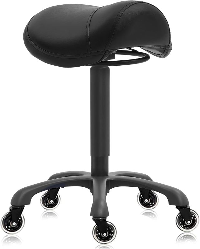 Photo 1 of Adjustable Salon Stool with Wheels Rolling Saddle Seat Heavy Duty(400LB),360° Swivel, Ergonomic Stool for Spa, Nails, Massage, Office ?Black Leather Hides Dirt Well
