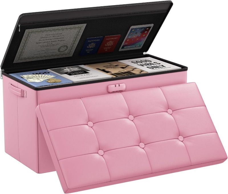 Photo 1 of DocSafe Storage Ottoman Bench with Lock,Fireproof 30 Inches Folding Bench Foot Rest Stool Storage Chest Safe for Living Room,Bedroom,Home Office,Waterproof Leather Ottoman with Handles,Pink
