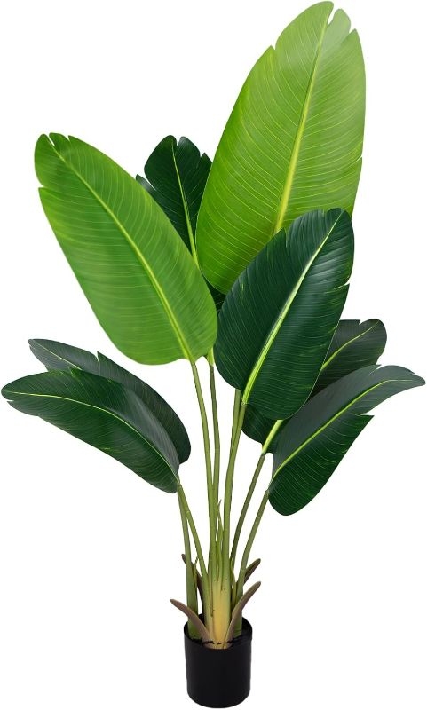 Photo 1 of Artificial Bird of Paradise Plant 4Ft Fake Tropical Palm Tree with 6Trunks Faux Banana Leaf Trees in Pot for Home Indoor Outdoor Office Modern Decor Housewarming Gift