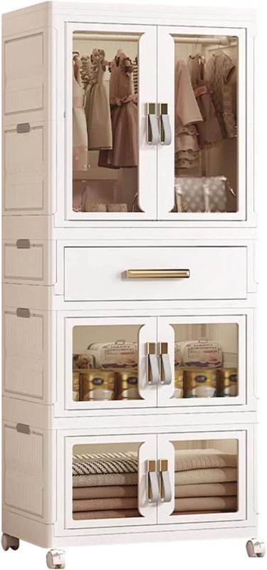Photo 1 of Portable Kids Wardrobe, Plastic Closet Organizer with Hanging Rod, Collapsible Wardrobe Closet Storage Cabinet for Bedroom, Easy to Install (White, Large)

