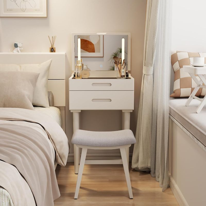 Photo 1 of Solid Wood Small Vanity Desk with Flip Top Mirror, Brightness Adjustable Lights, Compact Vanity with Glass Top and Drawers, Slim Dressing Table for Small Space, Bedroom, Living Room, White
