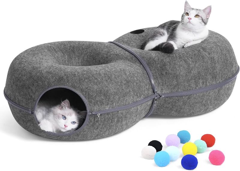Photo 1 of 8-Shaped Large Cat Tunnel Bed for Indoor Cats, Infinite Circulation Peekaboo Cat Cave with 12 Toy Balls, Cat Donut Tunnel for Cats up to 30 Pounds (Dark Grey, L 38x24x11in)
