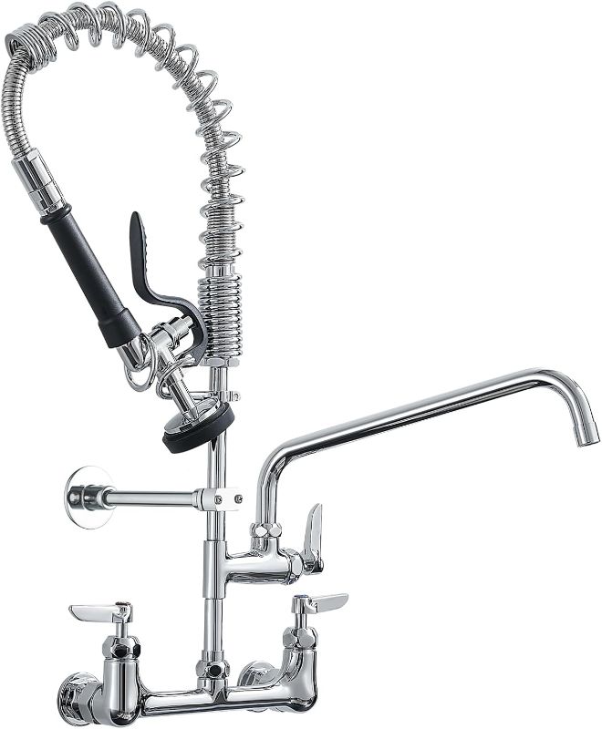 Photo 1 of Fapully Commercial Kitchen Faucet,Wall Mount Kitchen Sink Faucet with Pre-Rinse Pull Down Sprayer,25‘’ Height 8'' Center 3 Compartment Sink Faucets with 12.2'' Swing Spout Chrome
