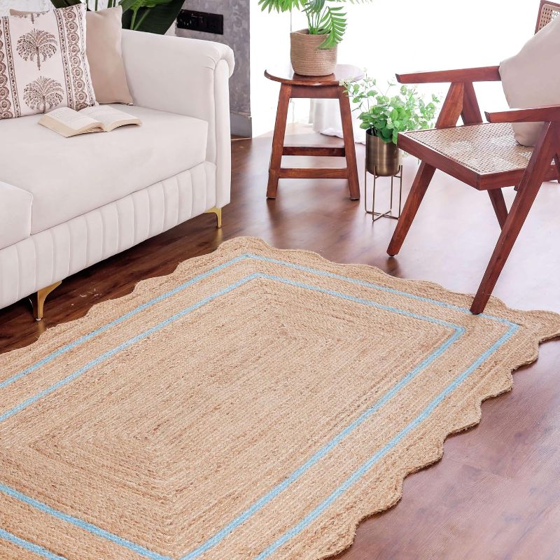 Photo 1 of RUGSWEAVE 2'6"x14' Jute Hand Woven Area Rug Sky Blue Boho Entry Area Rugs, Farmhouse Rugs for Living Room, Hallway, Bedroom, Dinning Room
