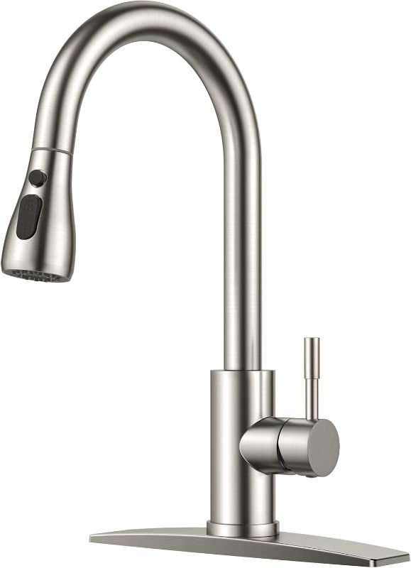 Photo 1 of FORIOUS Kitchen Faucets with Pull Down Sprayer, Brushed Nickel High Arc Single Handle Stainless Steel Sink Faucet with Deck Plate for 1 or 3 Hole, Suitable for Farmhouse RV Bar Camper Laundry

