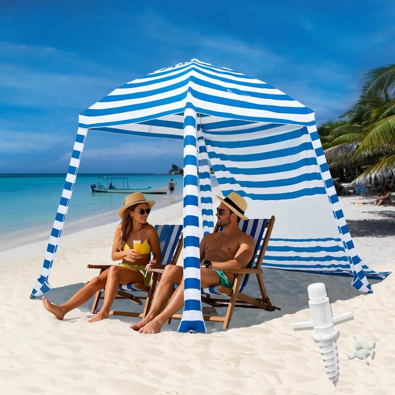 Photo 1 of Grandekor Upgraded 6'×6' Pop Up Beach Canopy Tent for Family & Kids UPF 50+ Sun Shelter for Pool Camping with Sand Anchor Sidewall Dark Blue White Stripe
