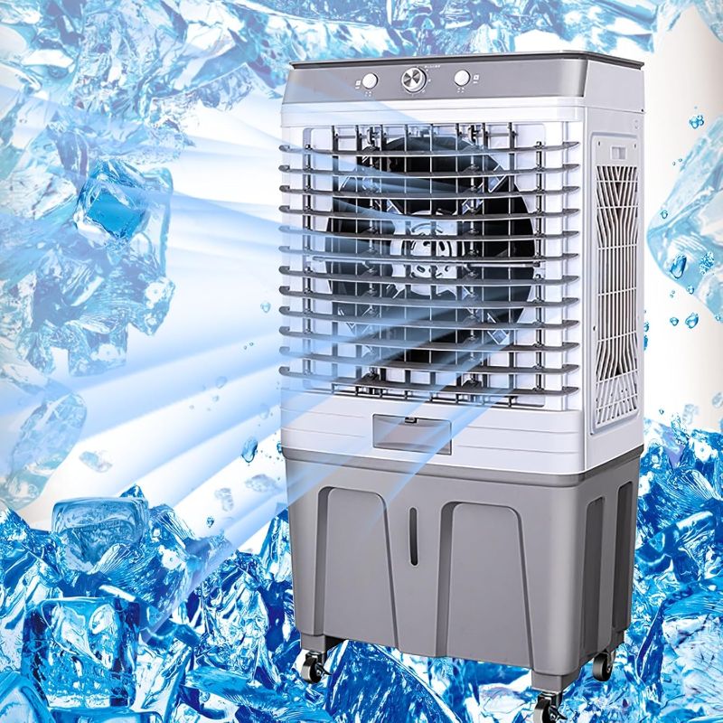 Photo 1 of Portable Evaporative Air Cooler, Portable Air Conditioner, Cooling Fan with 60L Water Tank, 4 Universal 360° Wheel, 4 Ice Box,3 Speeds, for Room Garage Commercial
