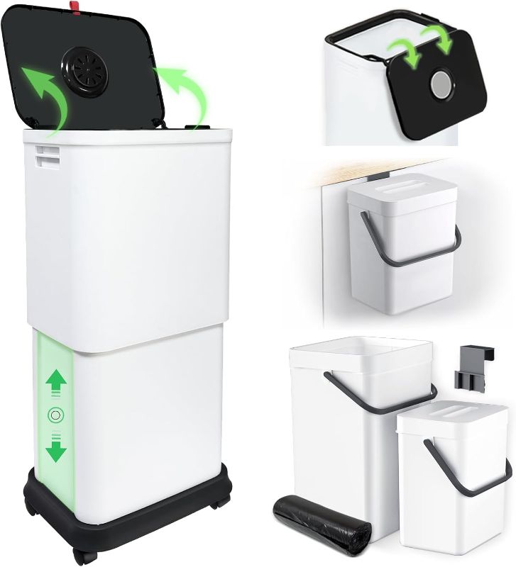 Photo 1 of Gintan 13 Gallon Trash Can with Lid, 25-45 L Altitude Variable Bin, Garbage Can with Wheels for Kitchen, Bathroom, Bedroom, Office, with Two Space-Saving Hangable Small Waste Bin and Garbage Bag
