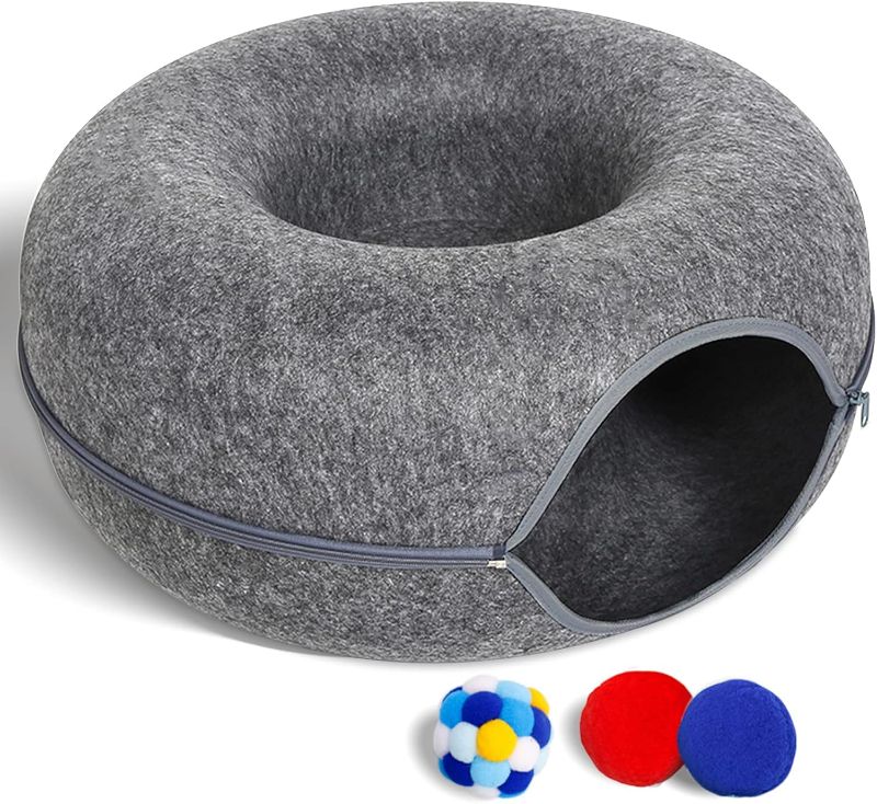 Photo 1 of Large Cat Tunnel Bed for Indoor Cats with 3 Toys, Scratch Resistant Donut Cat Bed, Up to 30 Lbs (L 24x24x11, Dark Grey)