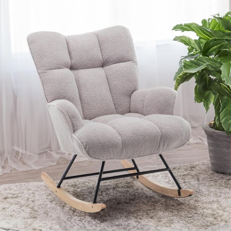 Photo 1 of Rocking Chair Nursery Teddy Upholstered Glider Rocker Rocking Accent Chair Padded Seat with High Backrest Armchair Comfy Side Chair for Living Room Bedroom Offices (Grey Teddy)
