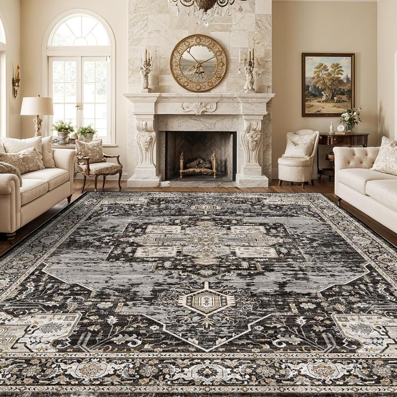 Photo 1 of RUUGME Washable 10x14 Area Rug - Soft Area Rugs for Living Room Stain Resistant Carpet Vintage Lightweight Rugs for Bedroom with Non Slip Backing Indoor Ultra-Thin Rugs Home Decor 10x14 Black
