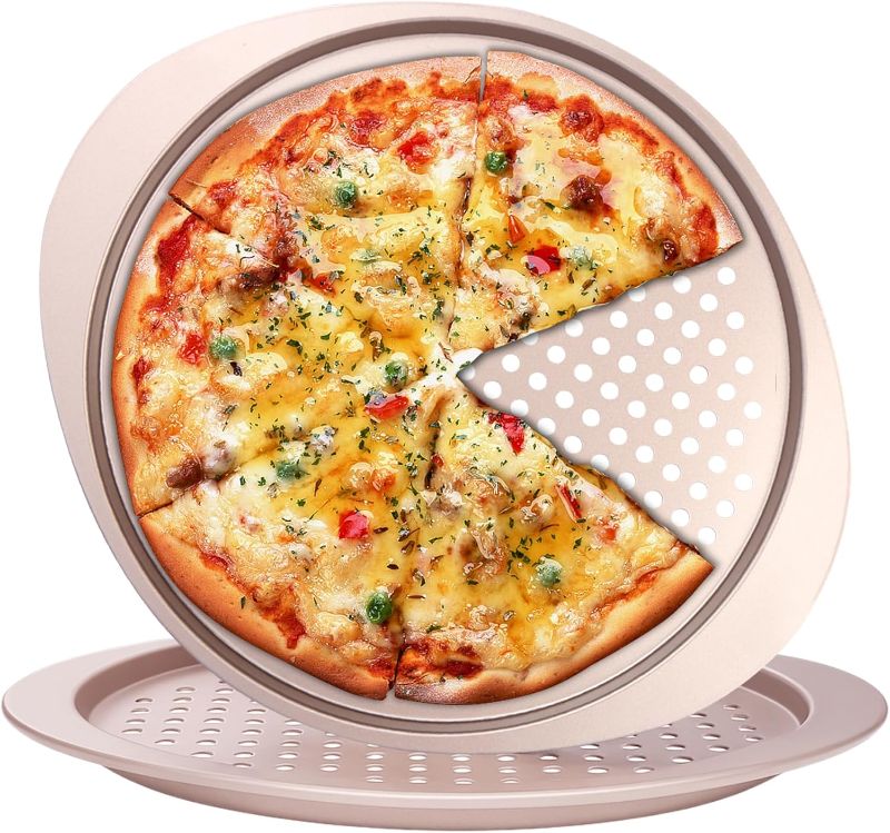 Photo 1 of Pizza Pan Set, Nonstick Pizza Pan with Holes 13 Inch, Heavy Duty Round Perforated Pizza Tray Oven Safe, Even Heat for Crispy Homemade Pizza, Easy to Clean, Set of 2, Gold
