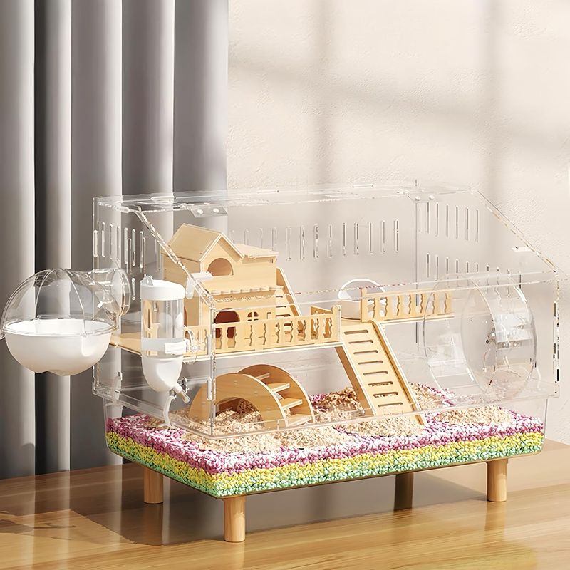 Photo 1 of 8 in 1 Acrylic Hamster Cage with All Accessories,2-Layer Hamster House with Full Transparent Viewing,Top Open Mouse Cage for Pet Mice,Hamster Habitat for Dwarf Hamster,Gerbils;18.5"x11.8"x14.6"
