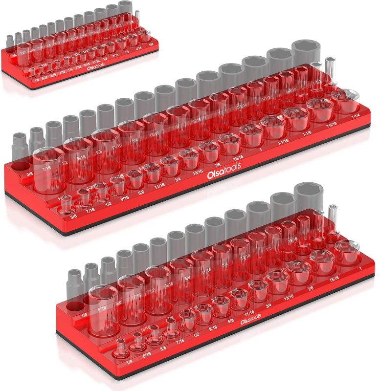Photo 1 of Olsa Tools Magnetic Socket Organizer | 3pc Socket Holder Kit | 1/2-Inch, 3/8-Inch, & 1/4-Inch Drive | Socket Organizers For Toolboxes | Red | Holds 123 | Professional-Grade Tool Organizer | Part 1560

