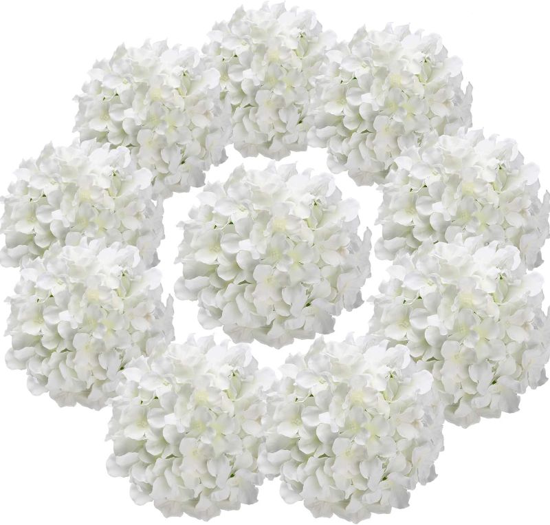 Photo 1 of Flojery Silk Hydrangea Heads Artificial Flowers Heads with Stems for Home Wedding Decor,Pack of 10 (White)
