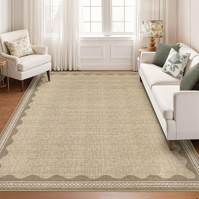 Photo 1 of GarveeHome Scalloped Washable 8x10 Rug for Living Room Non-Slip Solid Tan Jute Digital Printing Modern Low-Pile Carpet 8 x 10 Rug for Bedroom Dining Nursery Mat with Rubber Back
