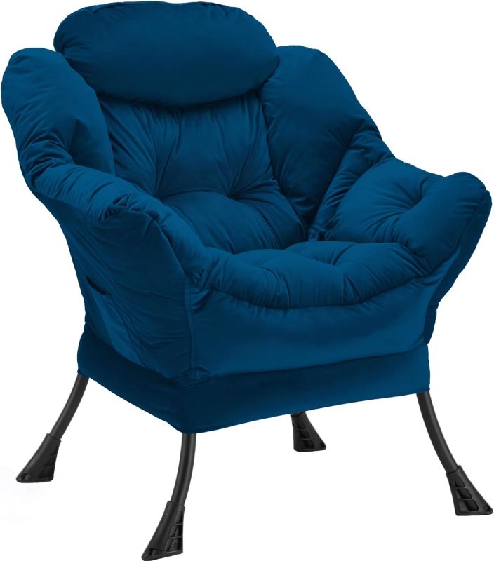 Photo 1 of Lazy Chair Thick Padded, Comfy Velvet Accent Lounge Chair with Stable Frame, Leisure Sofa Armchair with Armrests and Side Pocket, Reading Chair for Bedroom, Living Room, Office, Blue
