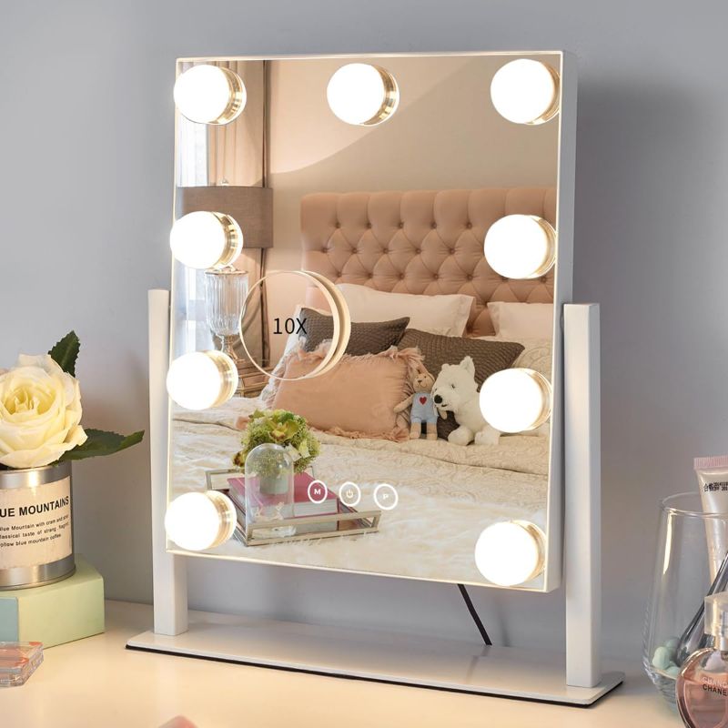 Photo 1 of Vanity Mirror with Lights,Lighted Vanity Mirror with 9 Dimmable Bulbs for Dressing Room & Bedroom,3 Color Lighting,Modes Detachable 10x Magnification 360°Ratation(White)
