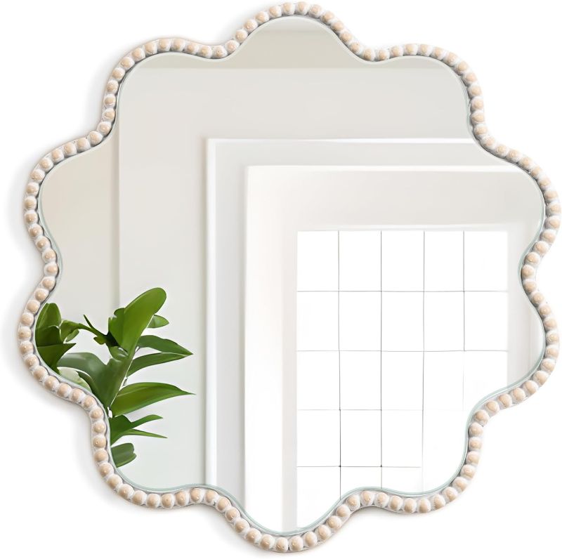 Photo 1 of Wall Mirror, Farmhouse Round Mirror Boho Wall Decor with Beads Wavy Frame Hanging Circle Mirror for Living Room Entryway Bathroom Over Sink Hallway, 15x15 Inch
