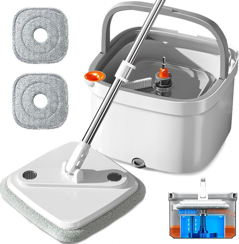 Photo 1 of Spin Mop and Bucket Set with Self - Separation System, 360 - Degree Spinning Self - Wringing, Square Cleaning Mop and Bucket with Wringer, with Replaceable Mops (Light Grey - 2 Pads)
