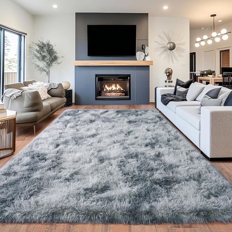 Photo 1 of Area Rugs for Living Room 6x9, Ultra Soft Fluffy Rug for Bedroom, Modern Shaggy Carpet Fuzzy Rug for Girls Boys Room Home Indoor Nursery Teens Dorm Decor, Upgrade Non-Slip Durable, Tie-Dye Silver Grey
