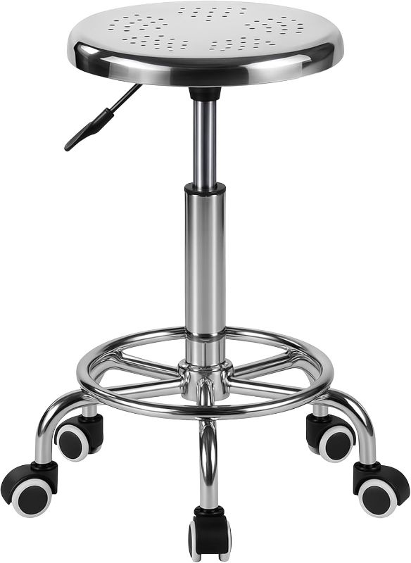 Photo 1 of Rolling Stool, Stainless Steel Workbench, Adjustable Swivel Stool Medical 5 Wheels, 304 Stainless Steel Structure Laboratory Round Pad, Load Capacity 445 lbs (Silver)
