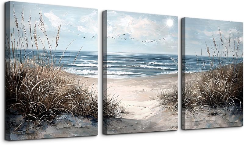 Photo 1 of TTHYUEWS Canvas Wall Art For Living Room Wall Decor For Bedroom Modern Office Canvas Art Office Decor Blue Sea Beach Wall Paintings Prints Pictures Artwork Ready To Hang Home Decor 20" X 28"3 Piece
